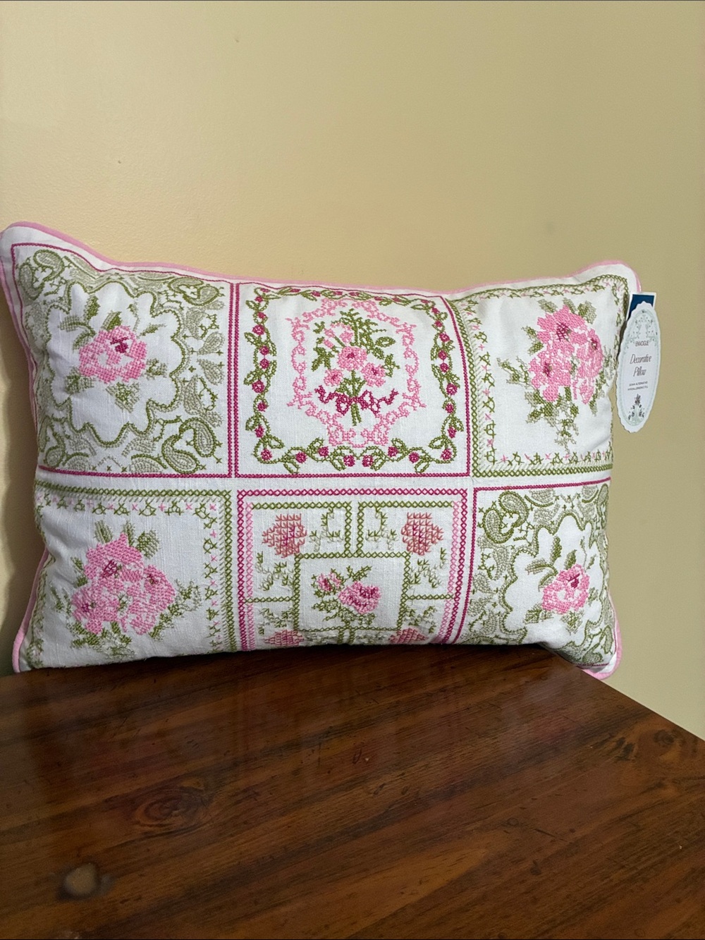 Envogue - CROSS-STITCHED FLORAL ROSE PILLOW